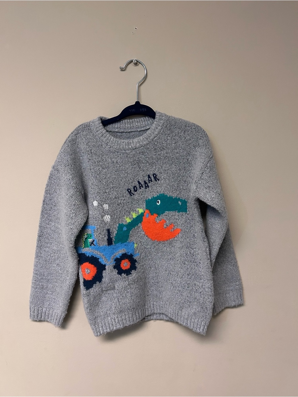 Kids Grey Dino Sweater with Orange Accent